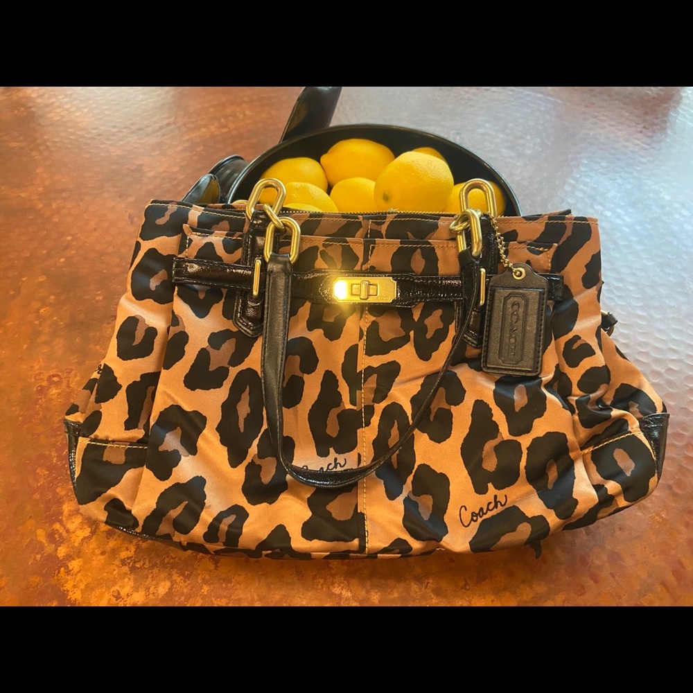 Coach Ocelot Leopard Satin and Patent Leather Bag